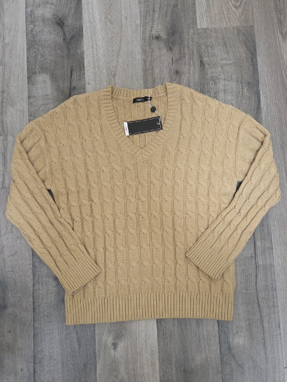 NWT Carreli Camel Chunky Cable Knit V-Neck Sweater Y2K Cozy Neutral Preppy - Picture 2 of 8